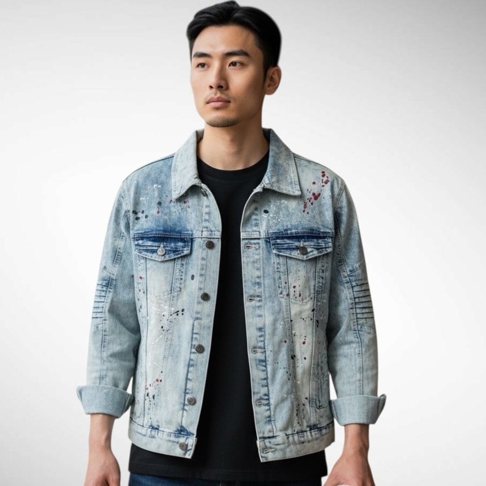 Akademiks Jeanius Mens Paint Splatter Button-Front Jean Jacket